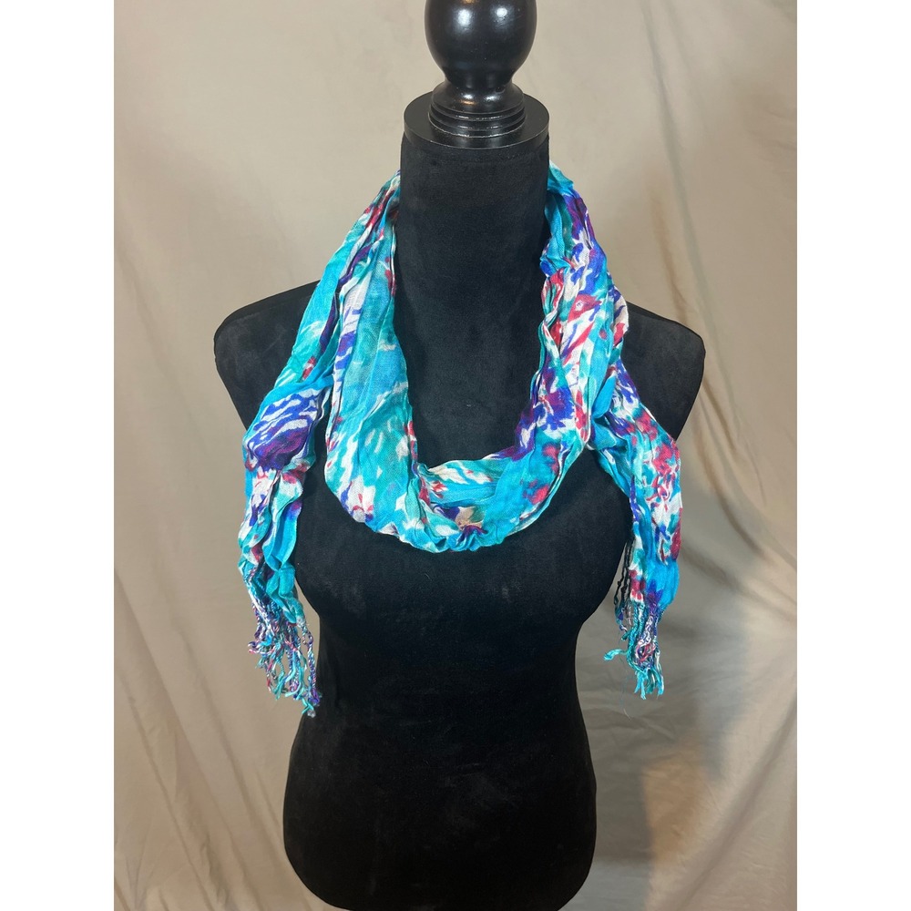 Womens Turquoise Purple Abstract Floral Crinkle Scarf with Fringe Trim